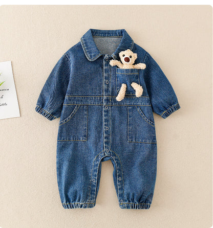 Baby Denim Jumpsuit with Teddy Bear – High-Quality Cotton Romper for Infants