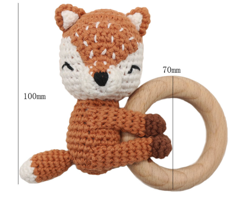 Handmade Crochet Fox & Deer Baby Teether Rattle – Wooden Ring Molar Toy