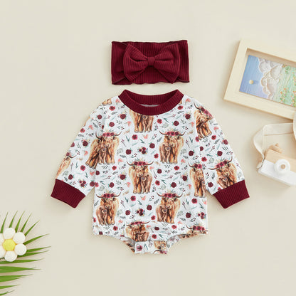 Baby Girl Printed Sweatshirt Bubble Romper & Bow Headband Set – Long Sleeve, Sizes Newborn–24 Months
