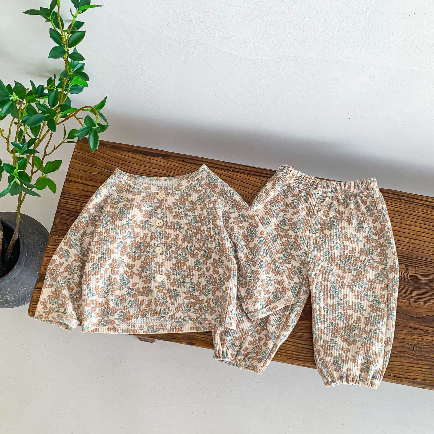 Cotton Baby Two-Piece Lounge Set (Long Sleeve Top + Pants) – Fruit Prints