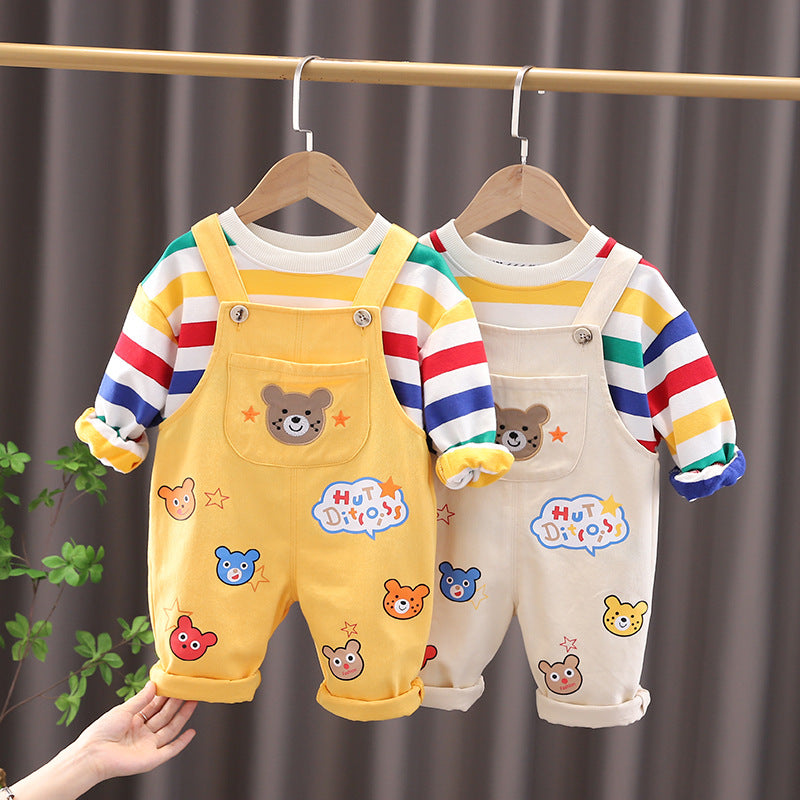 Toddler Boy 2-Piece Outfit Set – Rainbow Stripe Long-Sleeve Tee & Cartoon Bear Suspender Pants (6 Months–5 Years)