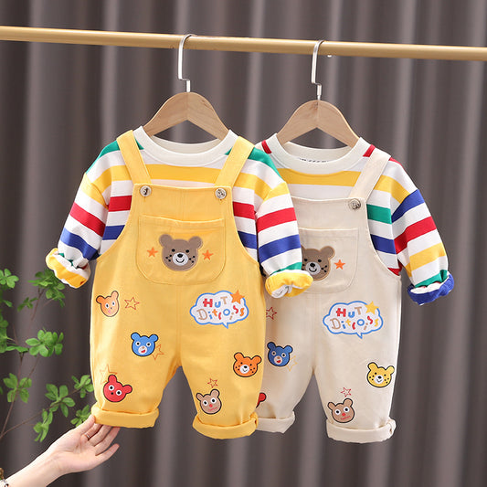 Toddler Boy 2-Piece Outfit Set – Rainbow Stripe Long-Sleeve Tee & Cartoon Bear Suspender Pants (6 Months–5 Years)