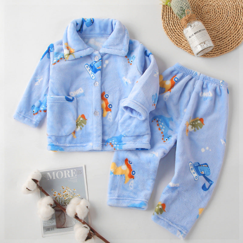 Kids' Plush Flannel Pajama Set – Warm Button-Front Top & Pants with Cartoon Prints for Toddlers & Big Kids (1–10 Years)