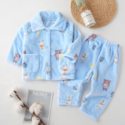 Kids' Plush Flannel Pajama Set – Warm Button-Front Top & Pants with Cartoon Prints for Toddlers & Big Kids (1–10 Years)