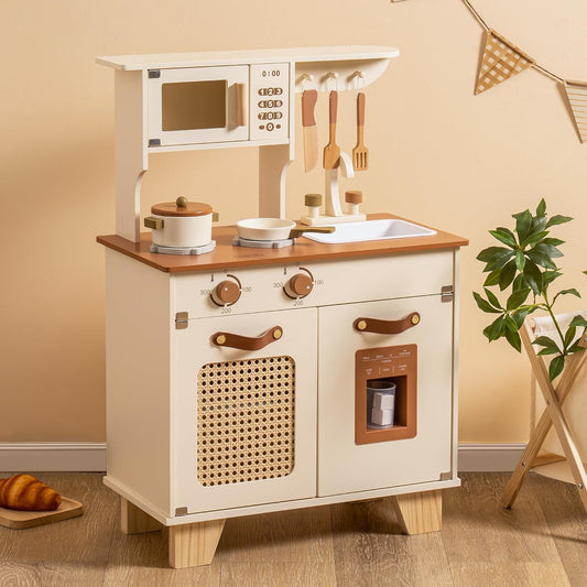 ROBOTIME Wooden Toddler Play Kitchen with Pretend Ice Cube Dispenser, Ages 3+