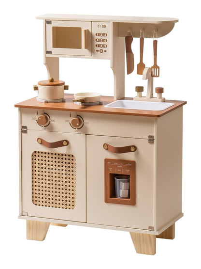 ROBOTIME Wooden Toddler Play Kitchen with Pretend Ice Cube Dispenser, Ages 3+