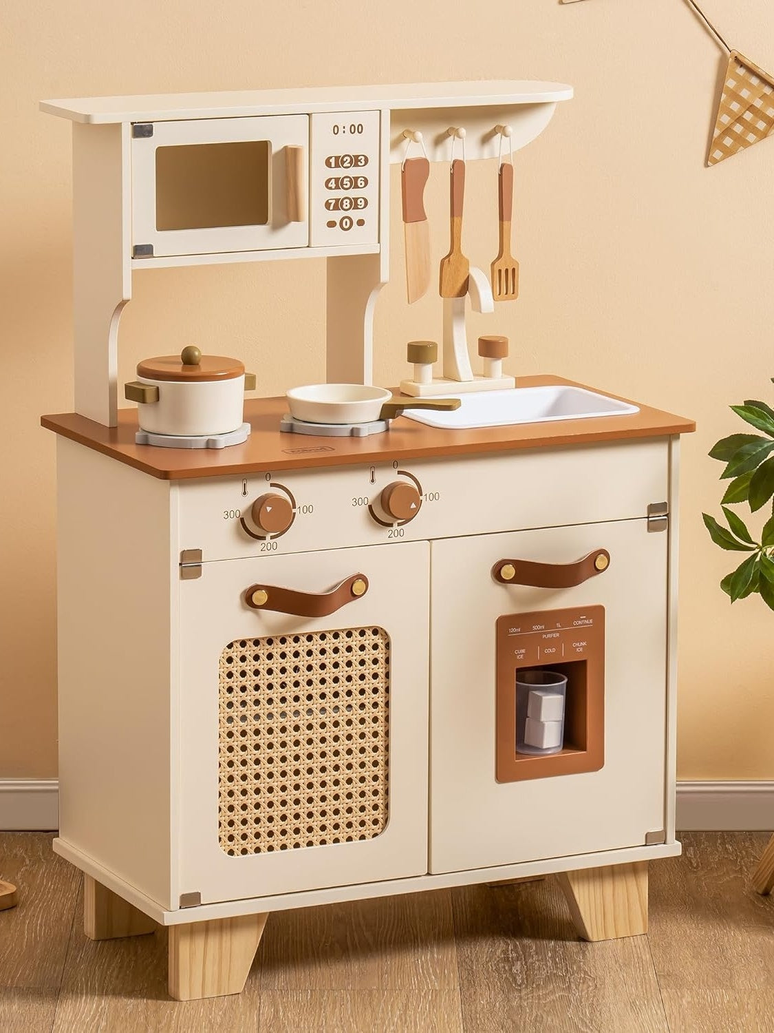 ROBOTIME Wooden Toddler Play Kitchen with Pretend Ice Cube Dispenser, Ages 3+