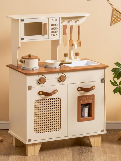 ROBOTIME Wooden Toddler Play Kitchen with Pretend Ice Cube Dispenser, Ages 3+