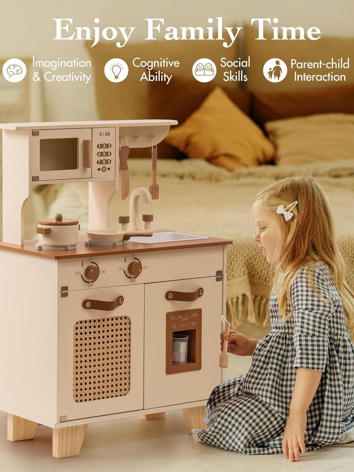 ROBOTIME Wooden Toddler Play Kitchen with Pretend Ice Cube Dispenser, Ages 3+