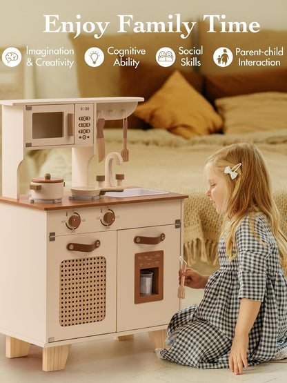 ROBOTIME Wooden Toddler Play Kitchen with Pretend Ice Cube Dispenser, Ages 3+