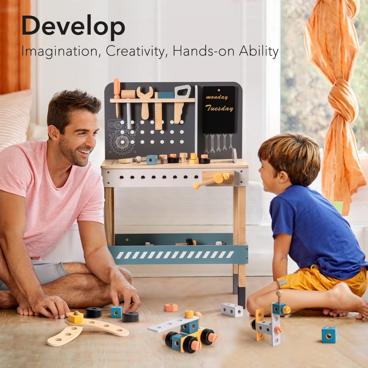 ROBOTIME Wooden Tool Bench for Kids with Play Tools Set – Educational Workshop Toy