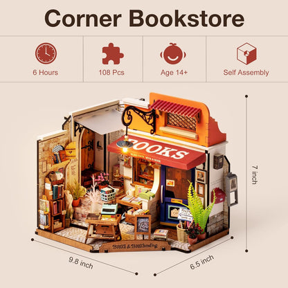 ROBOTIME DIY Corner Bookstore Miniature House Kit – Wooden Dollhouse with LED (DG164)