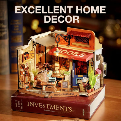 ROBOTIME DIY Corner Bookstore Miniature House Kit – Wooden Dollhouse with LED (DG164)