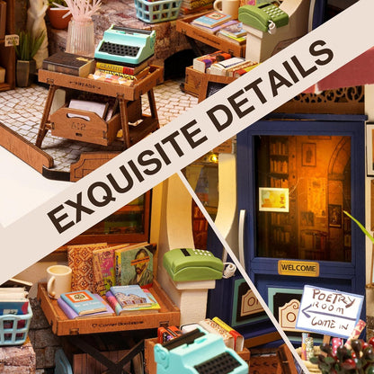 ROBOTIME DIY Corner Bookstore Miniature House Kit – Wooden Dollhouse with LED (DG164)