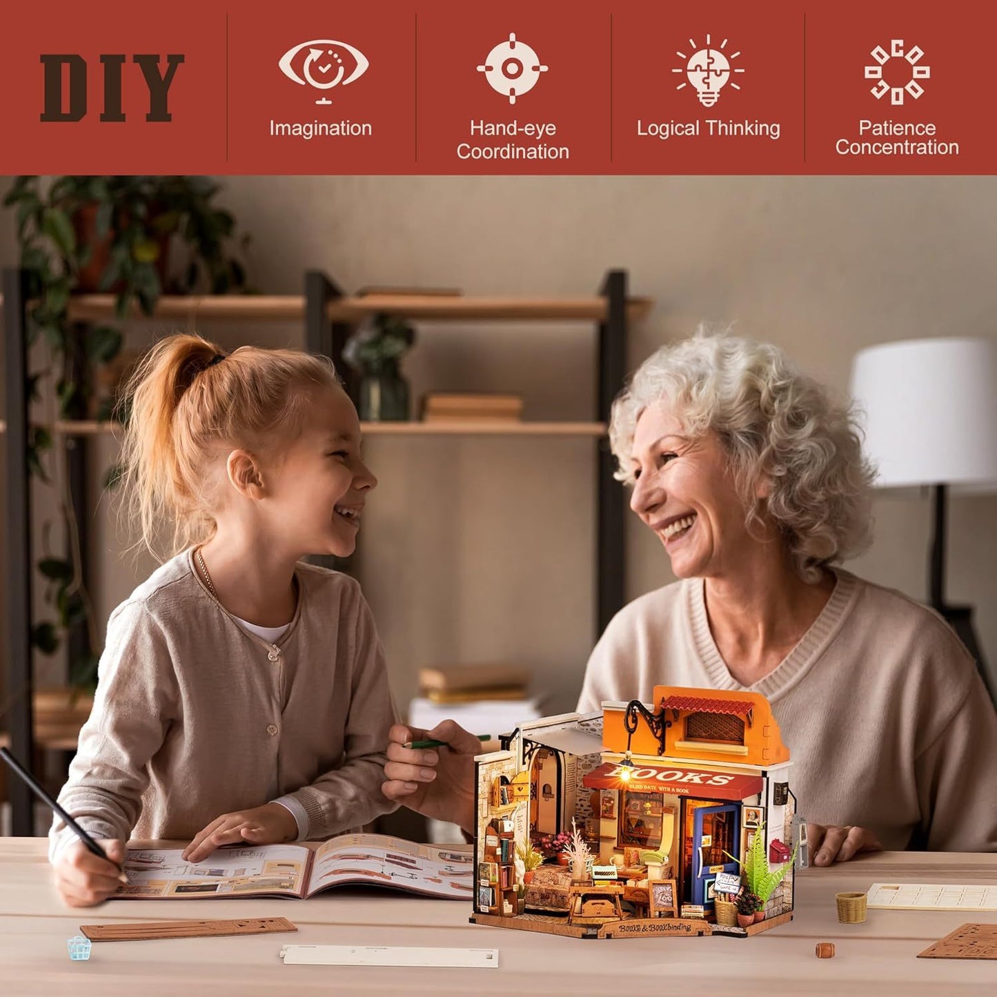 ROBOTIME DIY Corner Bookstore Miniature House Kit – Wooden Dollhouse with LED (DG164)