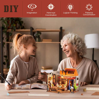 ROBOTIME DIY Corner Bookstore Miniature House Kit – Wooden Dollhouse with LED (DG164)