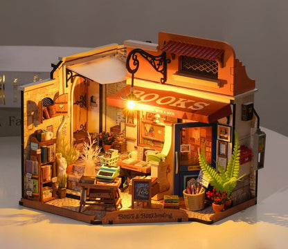ROBOTIME DIY Corner Bookstore Miniature House Kit – Wooden Dollhouse with LED (DG164)
