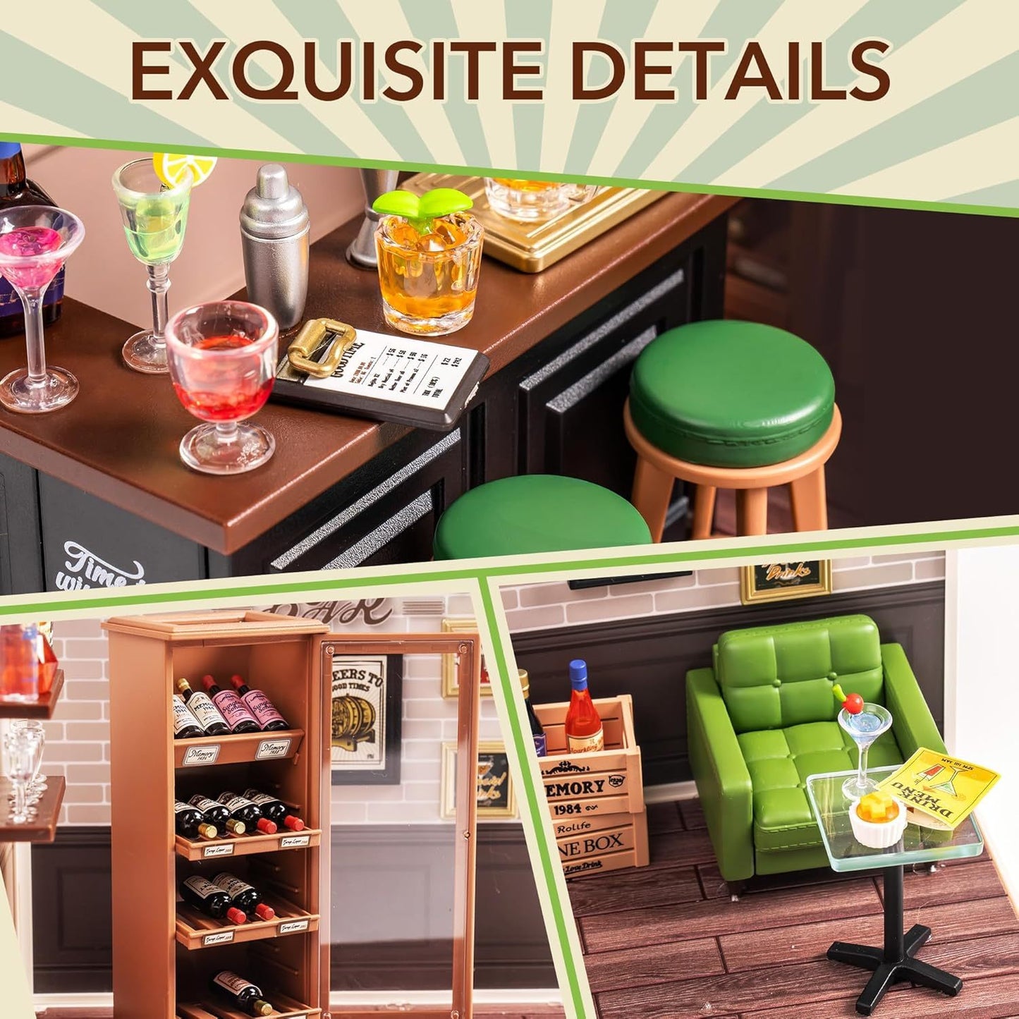 ROBOTIME DIY Miniature Bar House Kit – LED Dollhouse Model Craft Set (DW012)