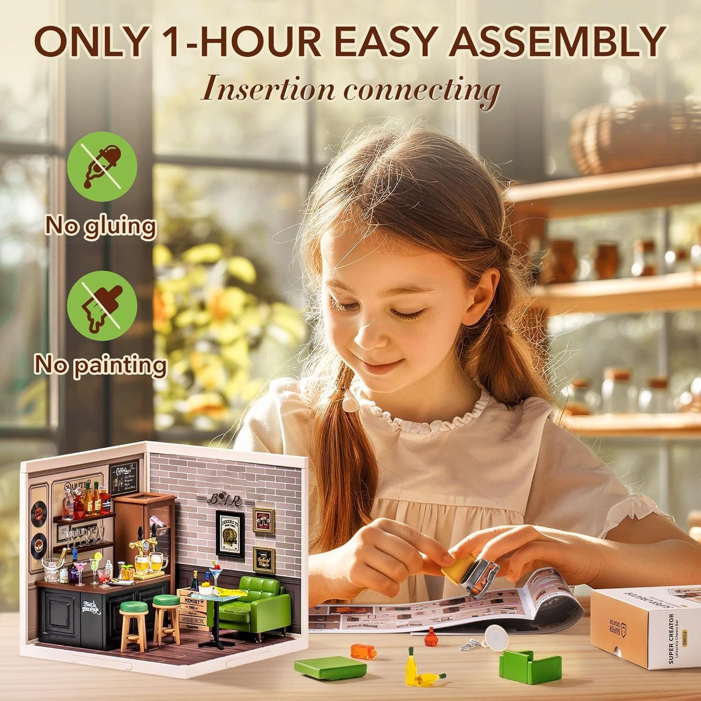 ROBOTIME DIY Miniature Bar House Kit – LED Dollhouse Model Craft Set (DW012)