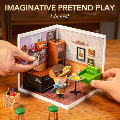 ROBOTIME DIY Miniature Bar House Kit – LED Dollhouse Model Craft Set (DW012)