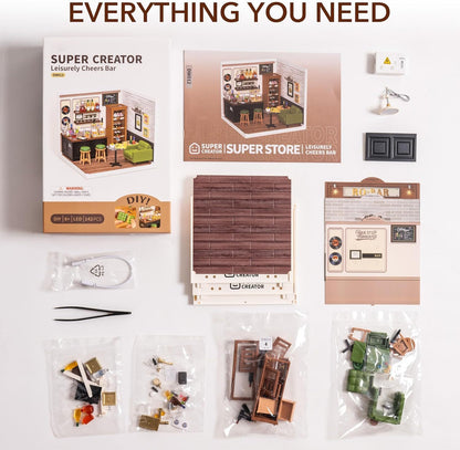 ROBOTIME DIY Miniature Bar House Kit – LED Dollhouse Model Craft Set (DW012)