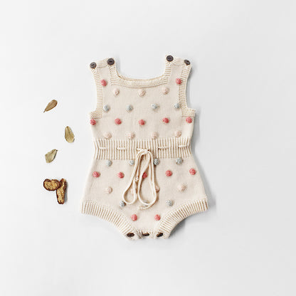 Hand-Knit Pom Pom Baby Romper – Soft Cotton Sleeveless One-Piece for Infants