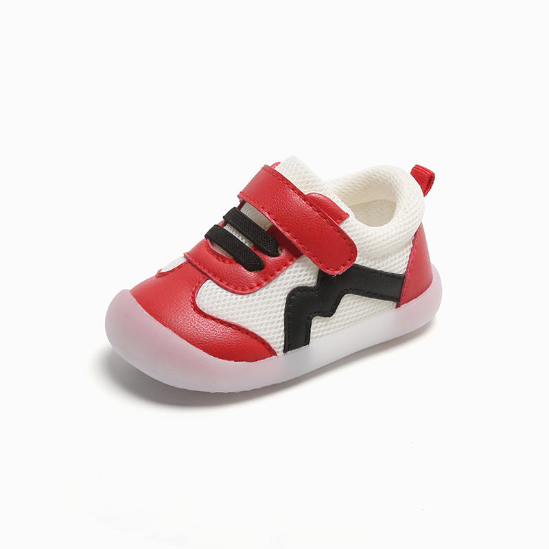 Wave-Panel Mesh & PU Toddler Sneakers | Breathable Color-Block Baby Shoes in Gray, Red & Orange