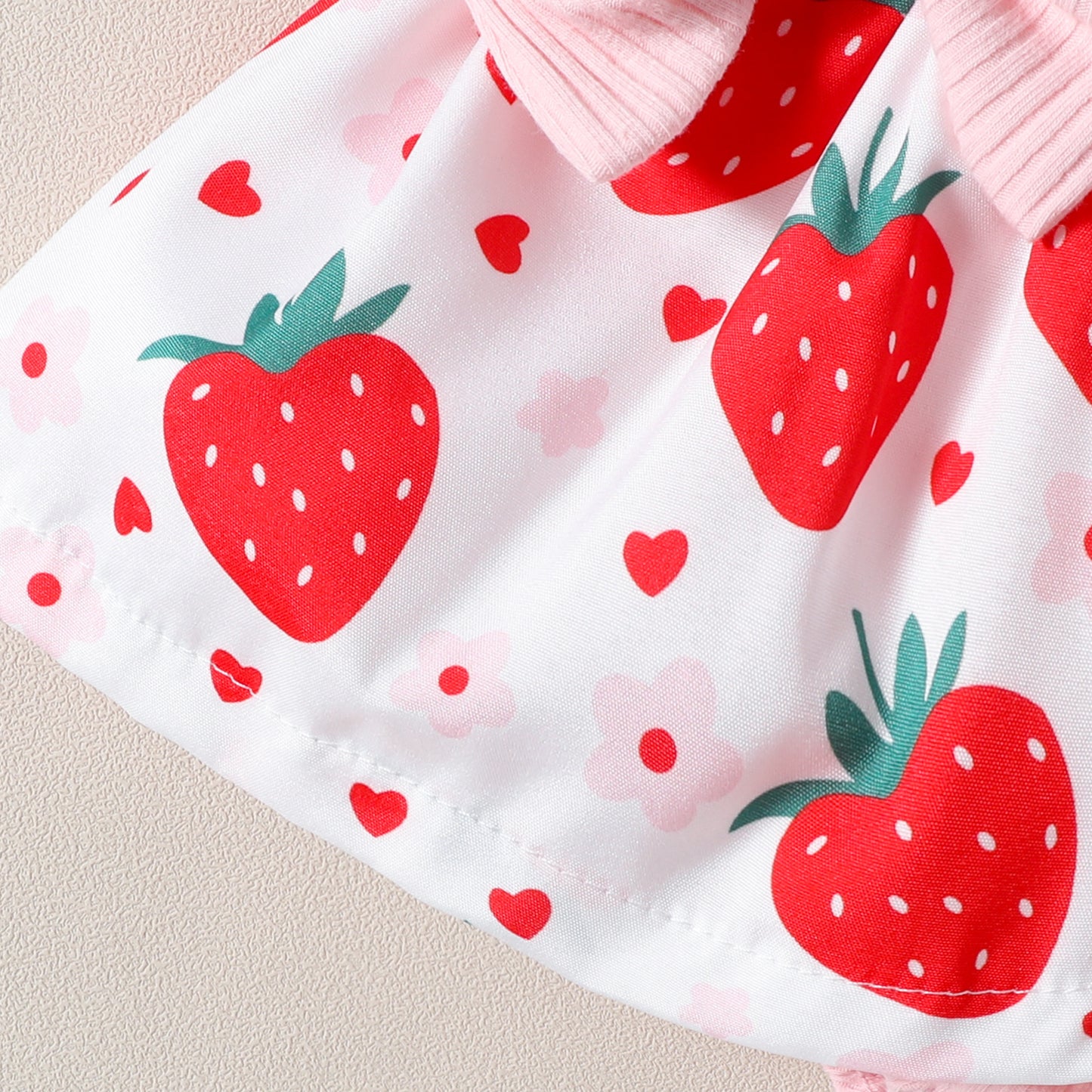 Baby Girl Strawberry Print Lace-Sleeve Romper Dress with Bow & Headband