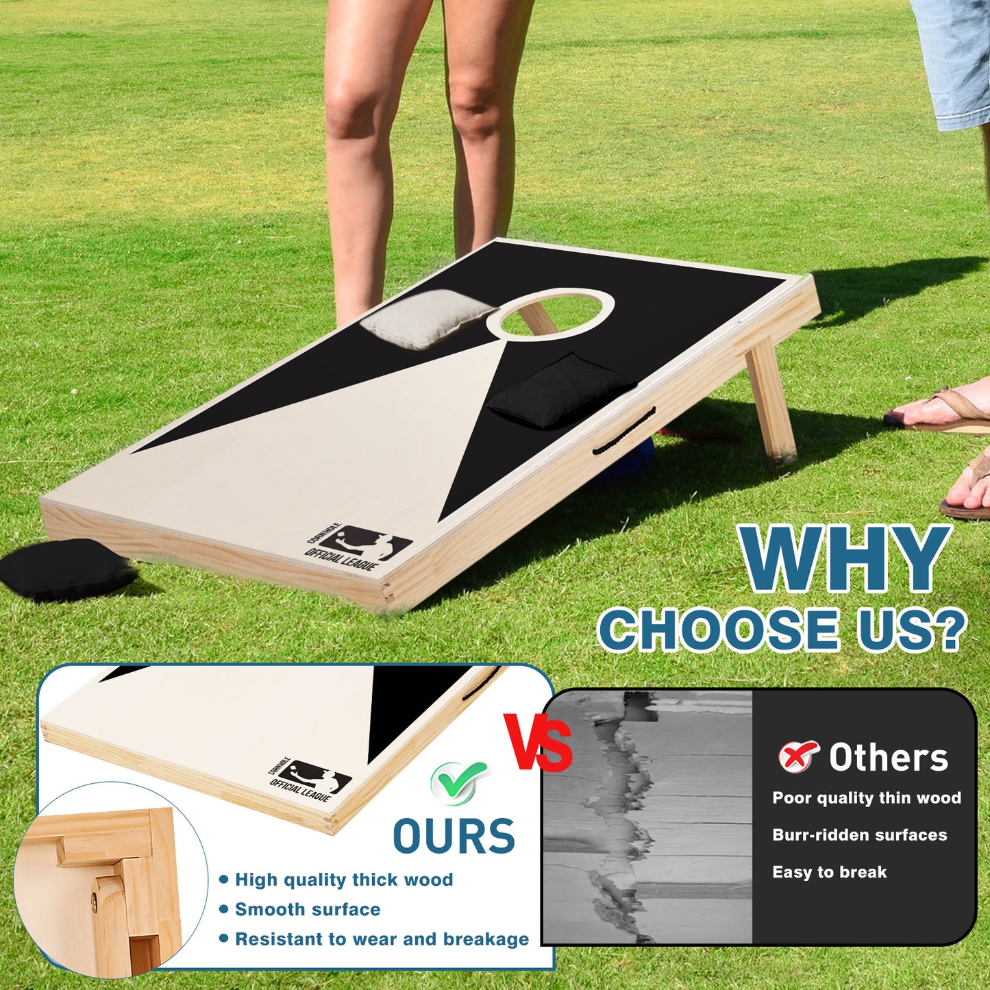 Solid Wood Cornhole Set – 3ft x 2ft Game Boards with 8 Bean Bags