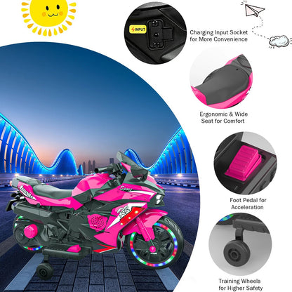 12V Kids Electric Ride-On Motorcycle with Light Wheels & Bluetooth Music – Pink, Ages 3-6