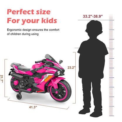 12V Kids Electric Ride-On Motorcycle with Light Wheels & Bluetooth Music – Pink, Ages 3-6