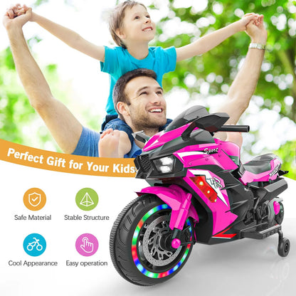 12V Kids Electric Ride-On Motorcycle with Light Wheels & Bluetooth Music – Pink, Ages 3-6