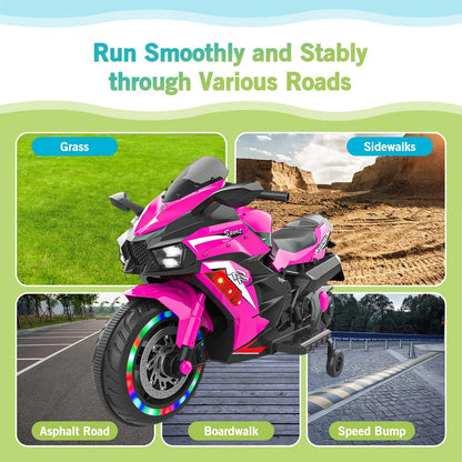 12V Kids Electric Ride-On Motorcycle with Light Wheels & Bluetooth Music – Pink, Ages 3-6