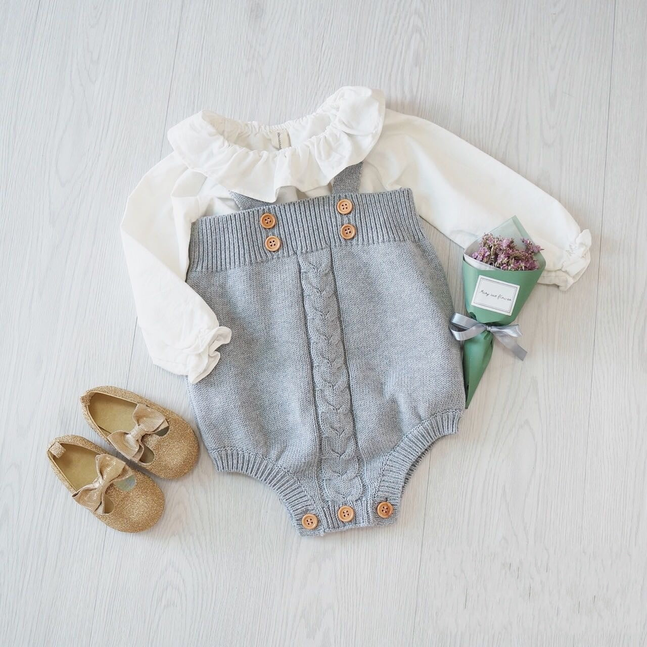 Cable-Knit Baby Romper Bloomers – Soft Cotton Buttoned One-Piece for Little Girls