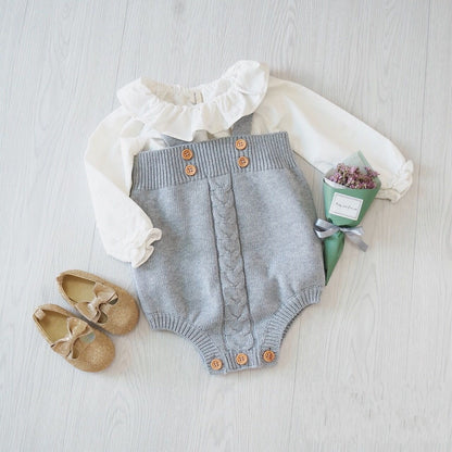 Cable-Knit Baby Romper Bloomers – Soft Cotton Buttoned One-Piece for Little Girls