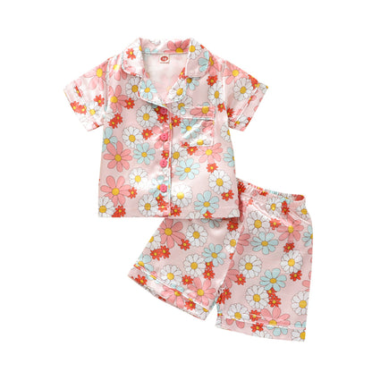 Toddler Girls' Satin Pajama Set – Floral Print Button-Front Short Sleeve Top & Shorts (12 Months–6 Years)