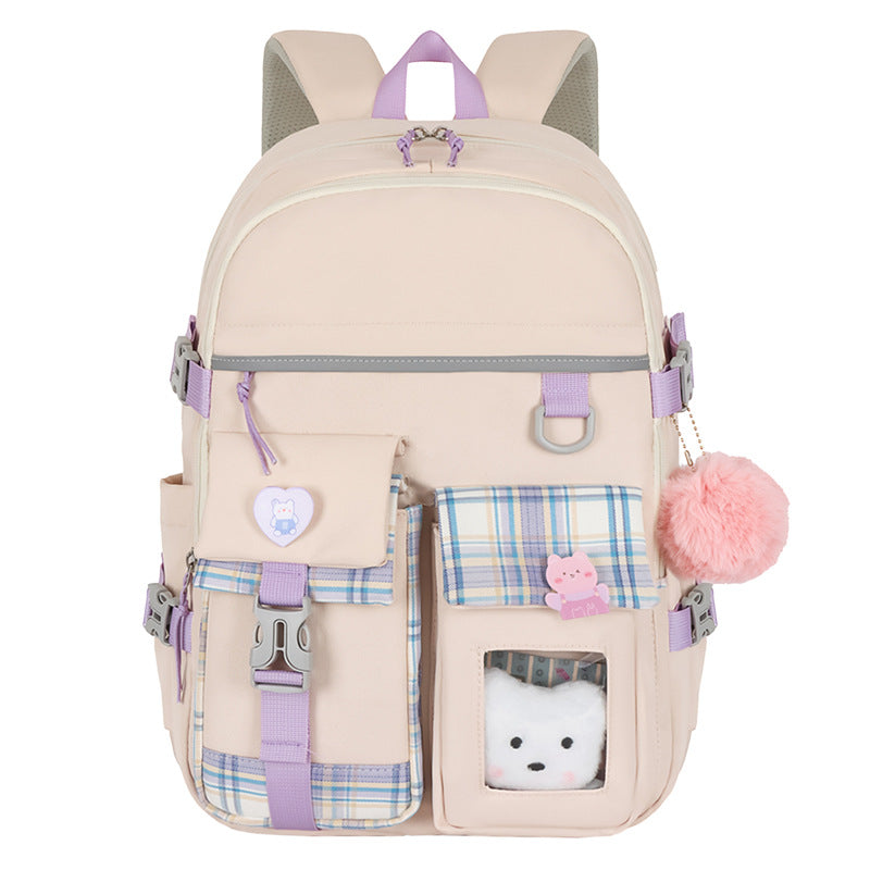 Cute Lightweight Kids School Backpack with Pockets + Pom-Pom Charm (Nylon)