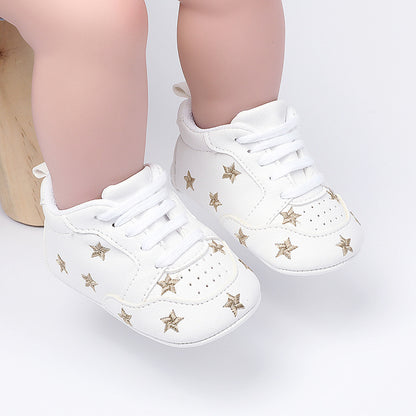 Star & Heart Embroidered White Leather Baby Sneakers | Soft-Sole Pre-Walker Crib Shoes