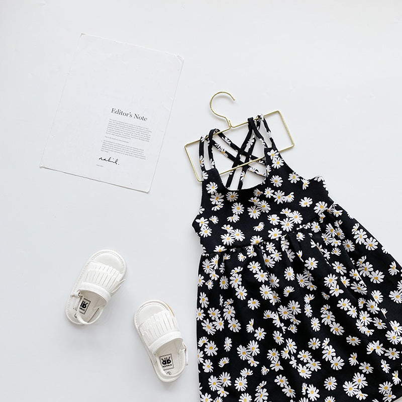 Girls' Black Daisy Print Cross-Back Sundress
