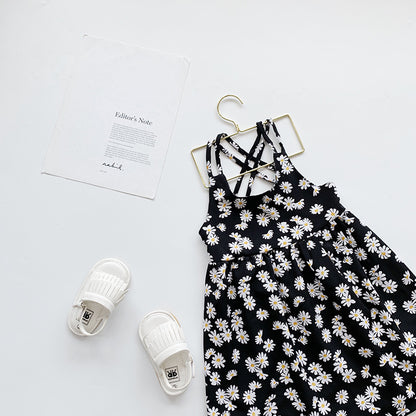 Girls' Black Daisy Print Cross-Back Sundress