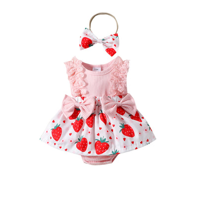 Baby Girl Strawberry Print Lace-Sleeve Romper Dress with Bow & Headband