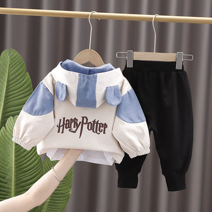 Toddler Boy's Bear Print 3-Piece Hooded Zip Jacket, Tee & Jogger Set | Color-Block Tracksuit with Bear Ear Hood