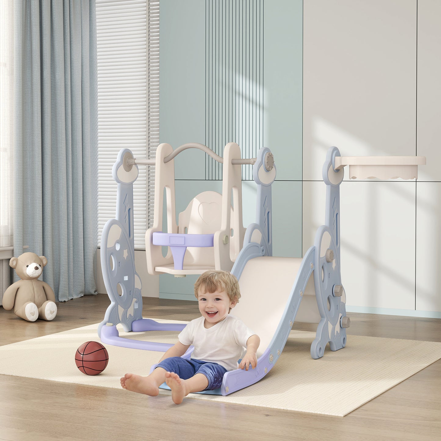 4-in-1 Toddler Slide & Swing Set with Climber and Basketball Hoop – Light Blue, Ages 1.5-4