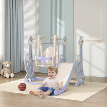4-in-1 Toddler Slide & Swing Set with Climber and Basketball Hoop – Light Blue, Ages 1.5-4