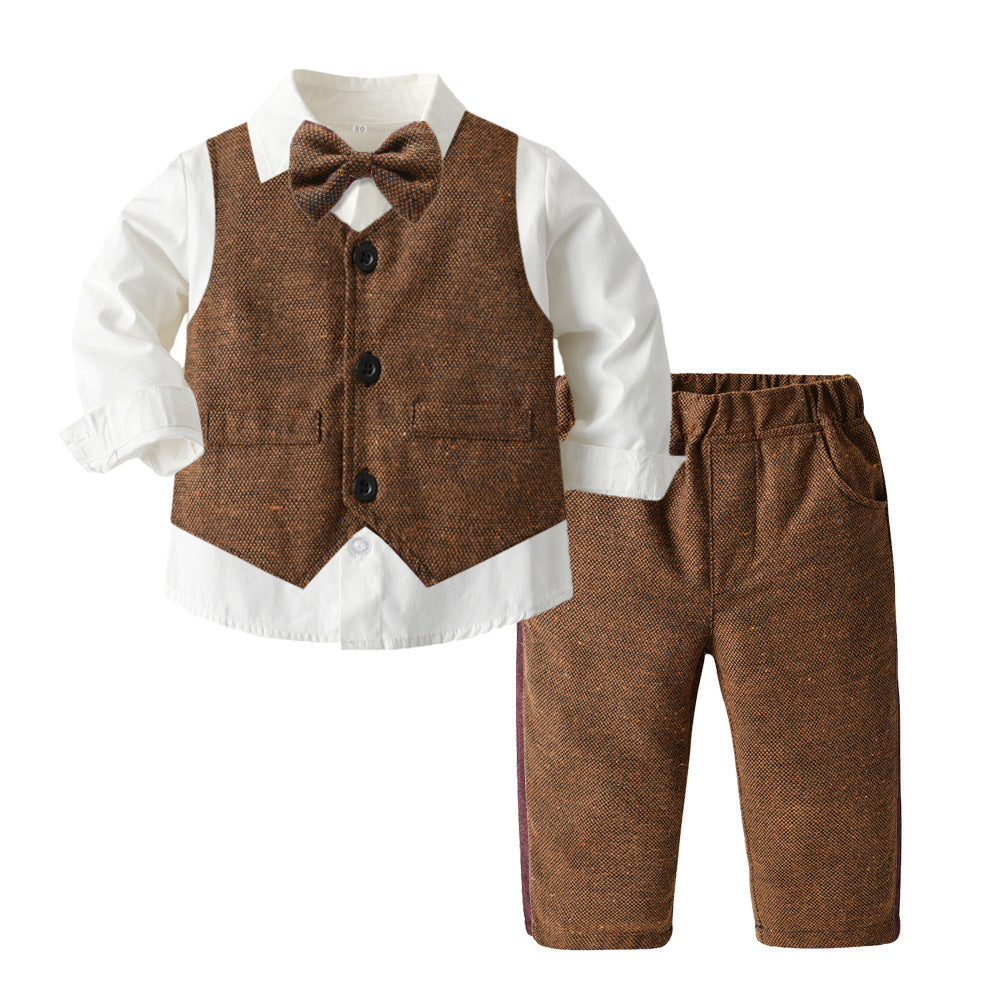 Boys' Long-Sleeve Shirt, Textured Waistcoat & Trouser Set | 3-Piece Bow Tie Suit in Stripe, Plaid & Solid