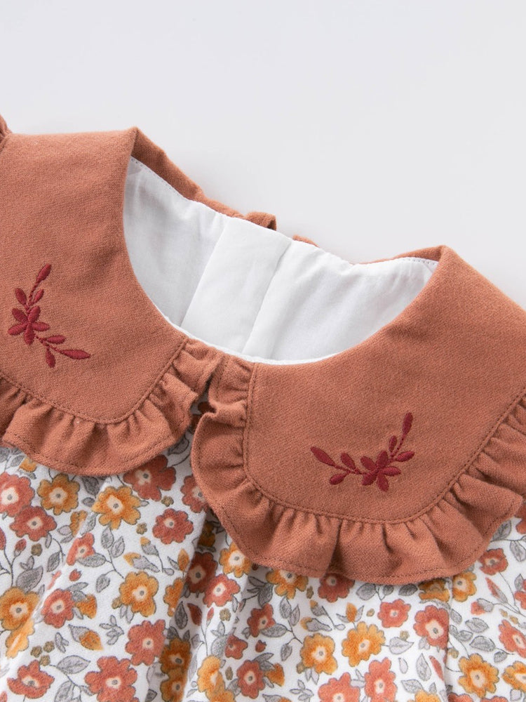 Girls' Autumn Floral Blouse & Rust Leggings Set with Embroidered Peter Pan Collar