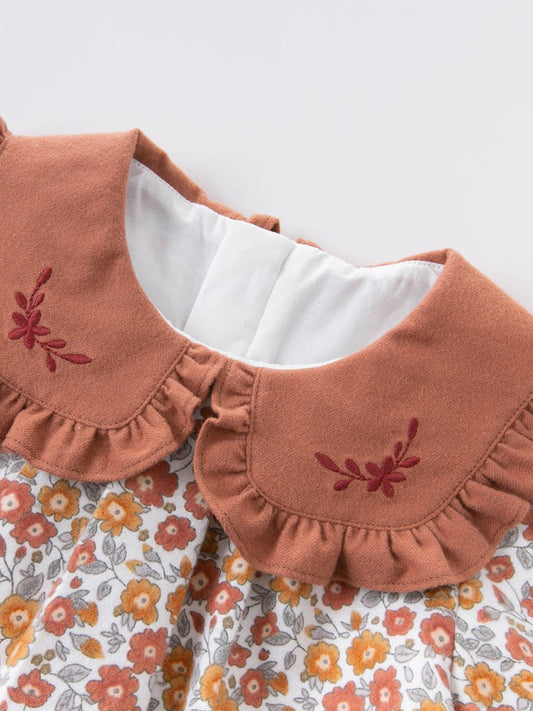 Girls' Autumn Floral Blouse & Rust Leggings Set with Embroidered Peter Pan Collar