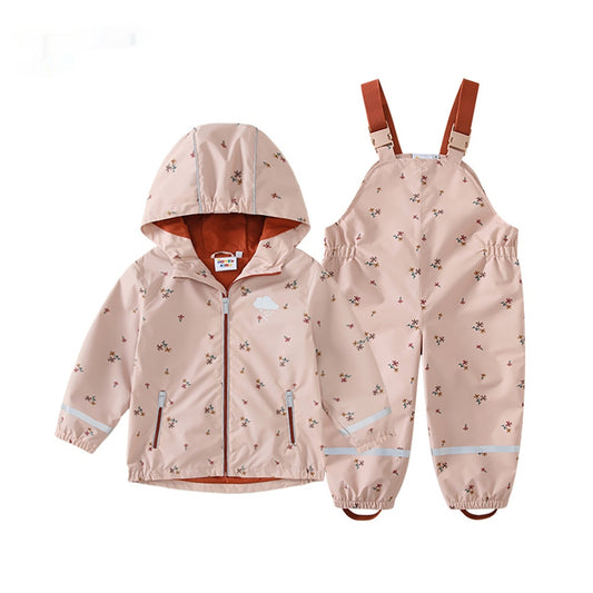 Floral Waterproof Rain Jacket & Bib Pants Set – Kids' Outdoor Wet Weather Suit