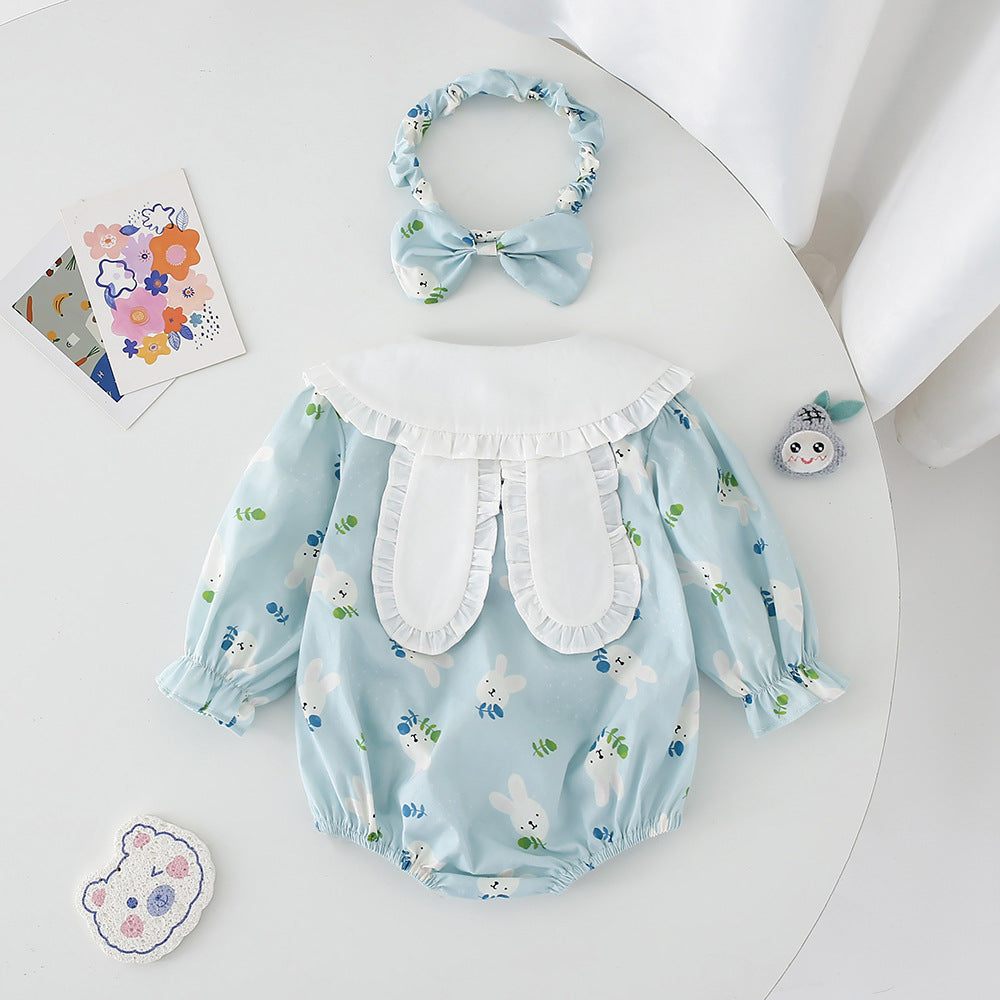 Blue Bunny Print Ruffle Collar Romper and Dress Set with Headband – Baby & Toddler Girl