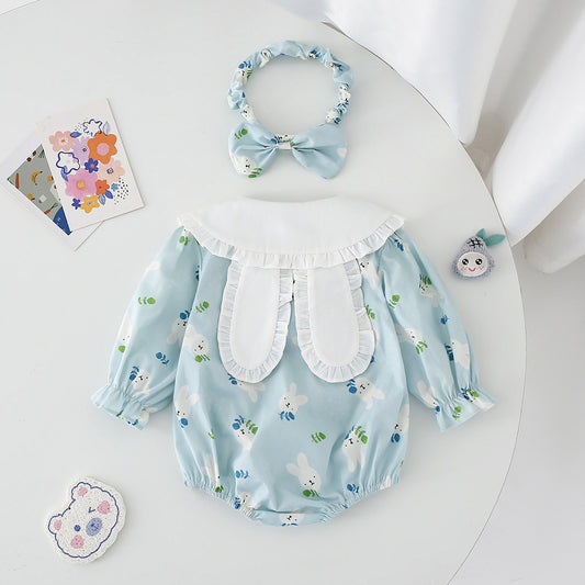 Blue Bunny Print Ruffle Collar Romper and Dress Set with Headband – Baby & Toddler Girl